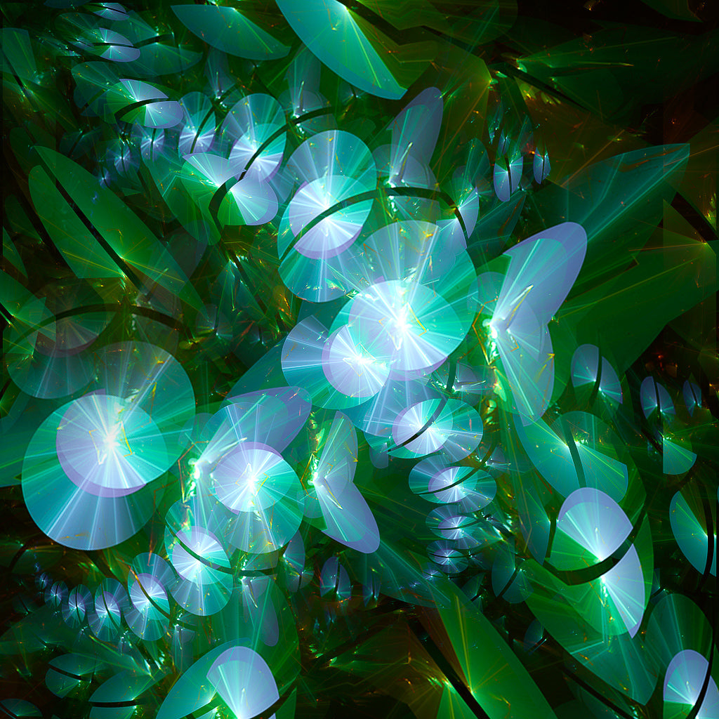 Fractal image with dark and light areas with shades of green and blue with patterns of circles.