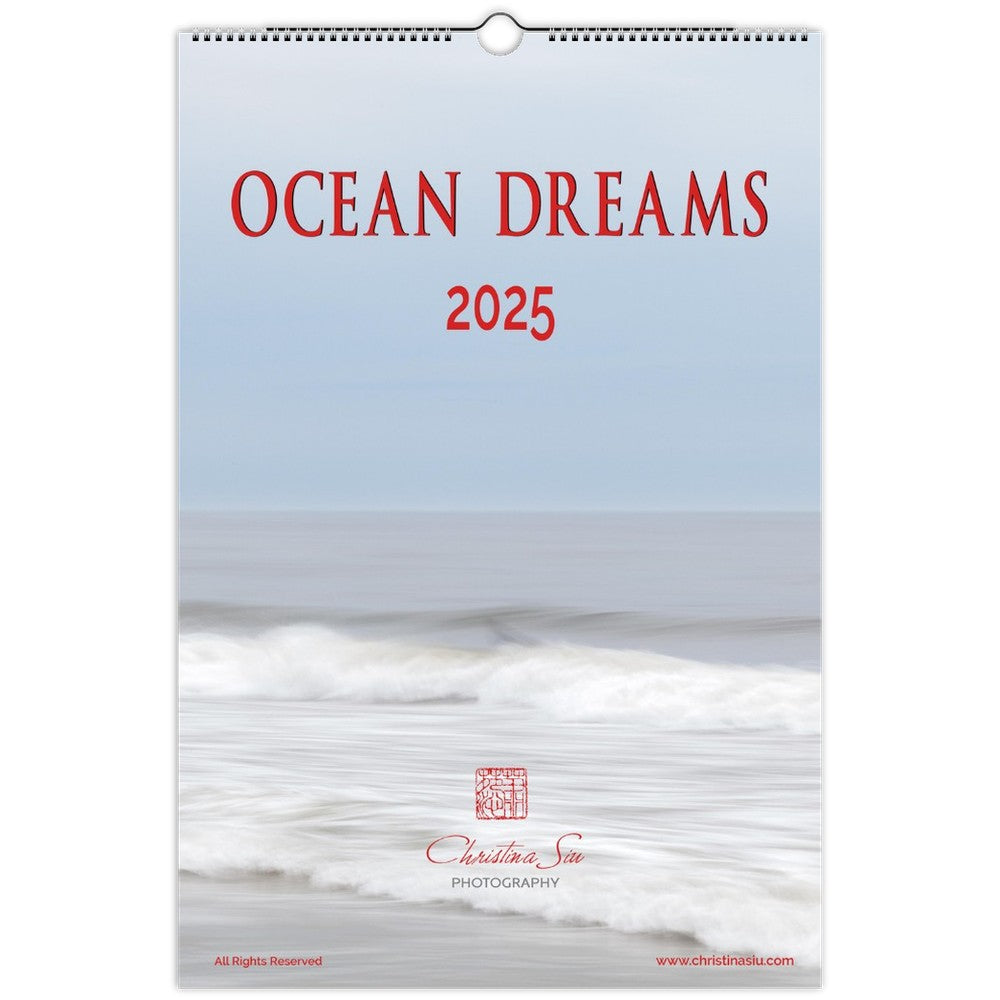 Ledger wall calendar showing a closeup of beach, surf, ocean, and sky in muted blues, greys, and white. Font is in a crimson color.